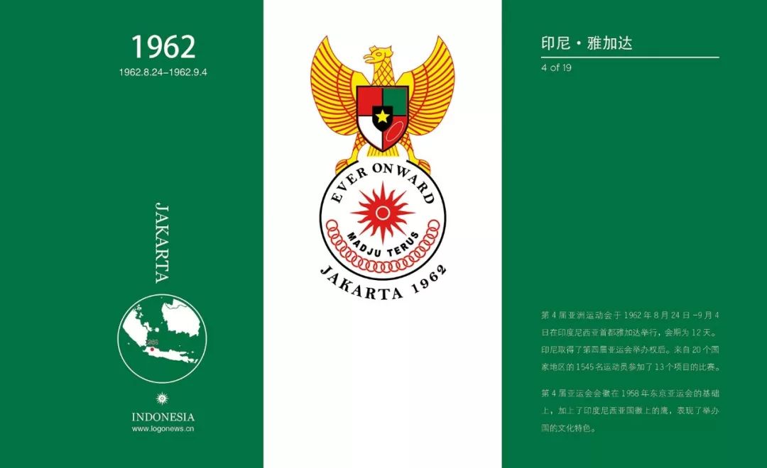第4届亚运会会徽在前三届的基础上,加上了印度尼西亚国徽上的鹰,表现